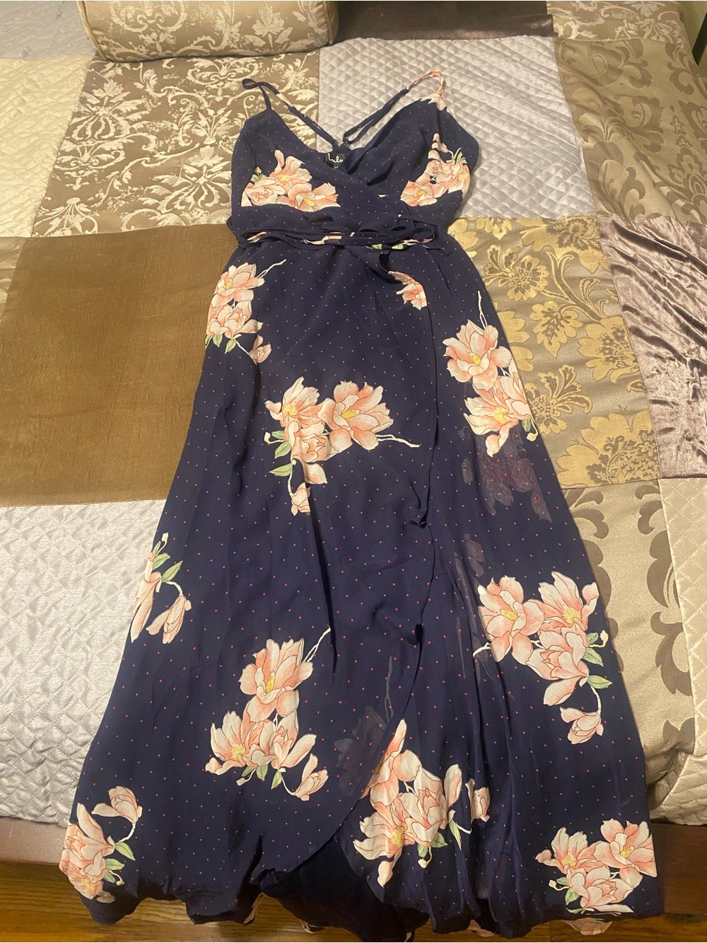 Lulu's Navy Floral Wrap Maxi Dress with Peach Blossoms - Picture 3 of 7